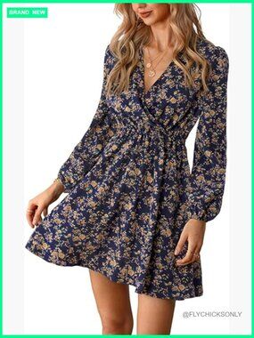 Floral Ruffle Summer Dress Surplice V Neck Long Peasant Sleeve Elastic Waist